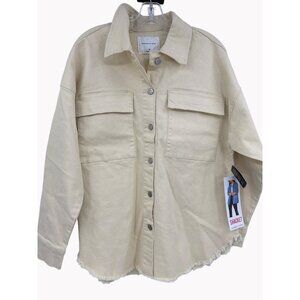 Celebrity Pink Size M Beige Button Down Shacket Frayed Hem Pockets Oversized